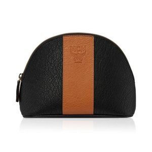 MCM Embossed Logo stripe Clutch Cosmetic Pouch Bag Black & beige tan Cognac new